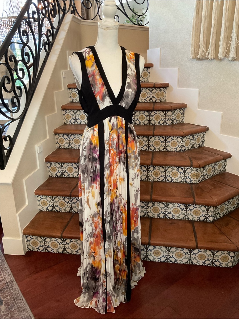 Bebe Floral V-Neck Maxi Dress with Black Accents